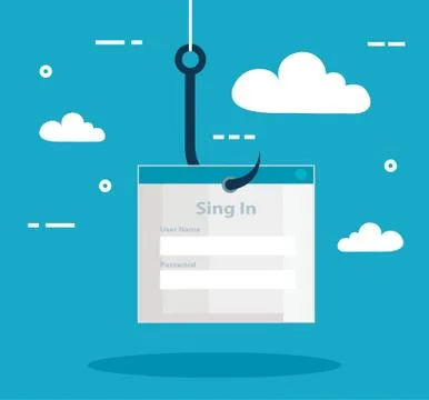 Data phishing hacking online scam concept, with password hook Illustrazione stock