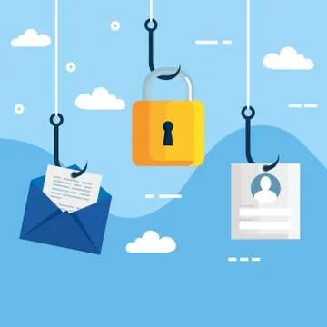 Data phishing hacking online scam concept, with icons in hook Illustrazione stock