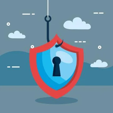 Data phishing hacking online scam concept, with shield hook Illustrazione stock