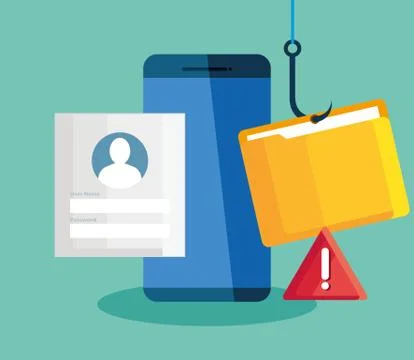 Data phishing hacking online scam concept, with smartphone and icons hook Illustrazione stock