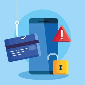 Data phishing hacking online scam concept, with smartphone and icons hook Illustrazione stock