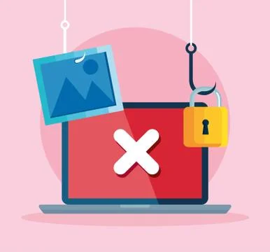 Data phishing hacking online scam concept, with laptop and icons hook Stock Illustration