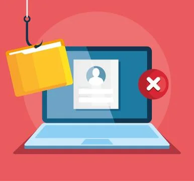 Data phishing hacking online scam concept, with laptop and file hook Illustrazione stock