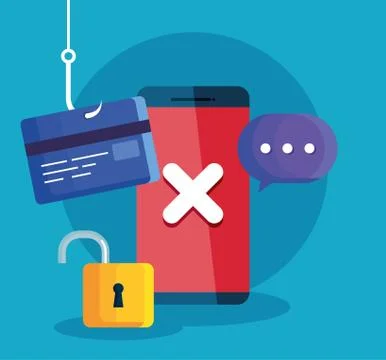 Data phishing hacking online scam concept, with smartphone and icons hook Illustrazione stock