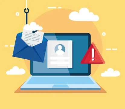 Data phishing hacking online scam concept, with laptop and envelope hook Illustrazione stock