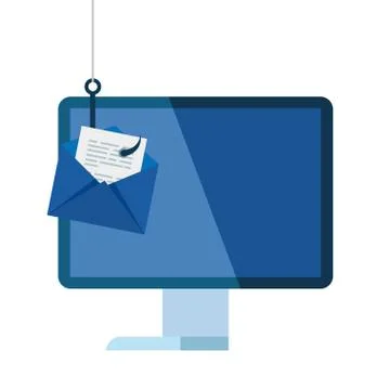 Data phishing hacking online scam concept, with computer desk and mail hook Illustrazione stock
