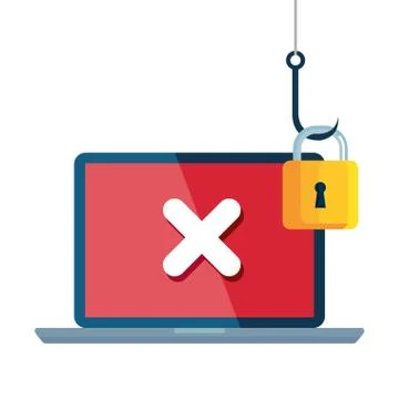 Data phishing hacking online scam concept, with laptop and padlock hook Illustrazione stock