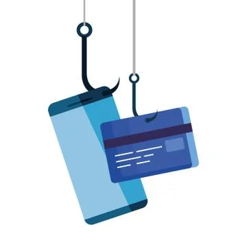 Data phishing hacking online scam concept, with smartphone and credit card hook Illustrazione stock