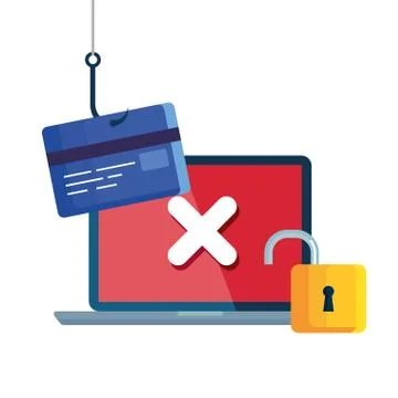 Data phishing hacking online scam concept, with laptop and icons hook Illustrazione stock