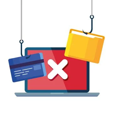 Data phishing hacking online scam concept, with laptop and icons hook Illustrazione stock