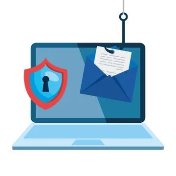 Data phishing hacking online scam concept, with laptop and icons hook Illustrazione stock