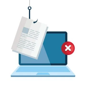 Data phishing hacking online scam concept, with laptop and document hook Illustrazione stock