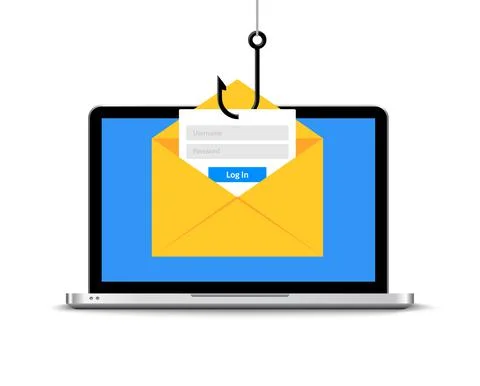 Data phishing hacking online. Scam envelope concept. Computer data fishing hack Illustrazione stock