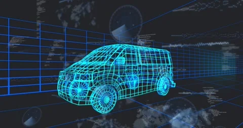 On data ping cyan wireframe van pulsing while HUD waveforms, code, radar Stock Footage 329929833
