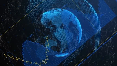 On data ping, dot-cloud globe rotating left, panels sliding, yellow graph Stock Footage 334725021