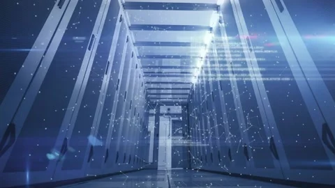 On data ping, server aisle emitting nodes, text bands sliding, camera dollying Stock Footage 334182706