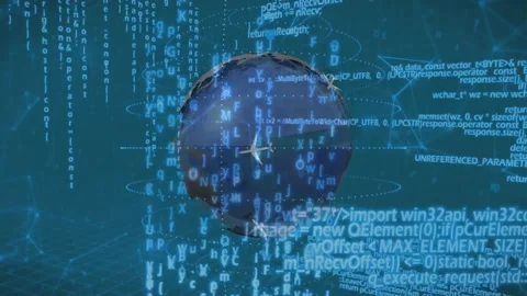 Data ping starting 3D globe rotating, code flowing, planes orbiting, rings Stock Footage 328223867