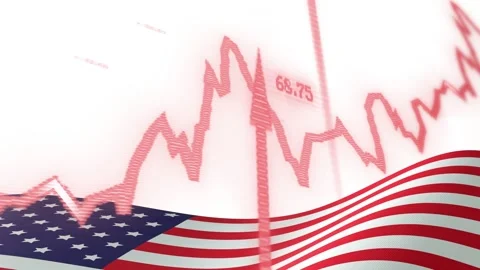 Data ping starting American flag waving, red graph moving, numbers flashing to Stock Footage 335651653
