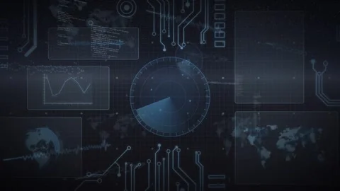 Data ping starting radar disc sweeping clockwise panels updating and code Stock Footage 332469187