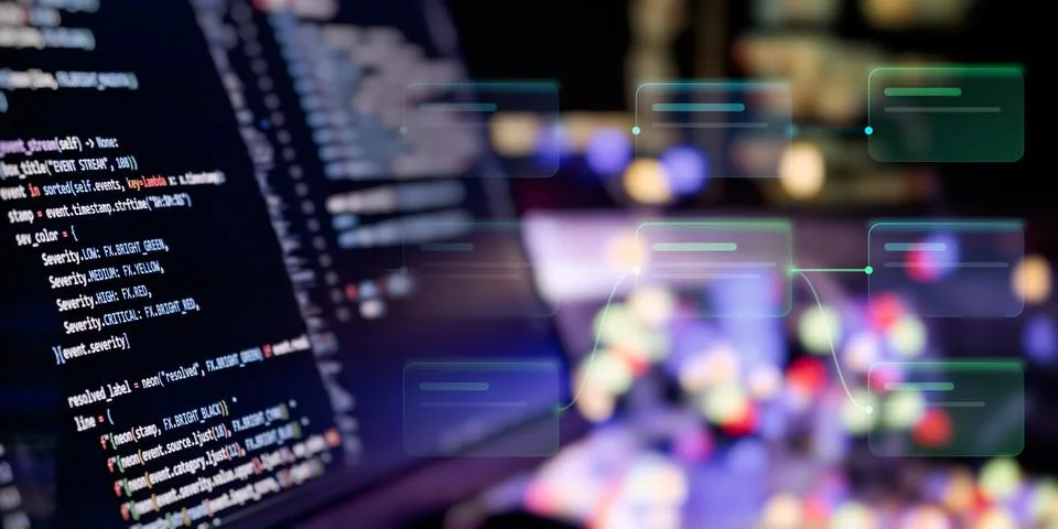 Data pipeline and algorithm mapping concept. Abstract process automation bloc Stock Photos