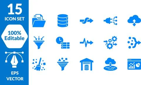 Data pipeline icon bundle for information processing and digital storage sy.. Stock Illustration