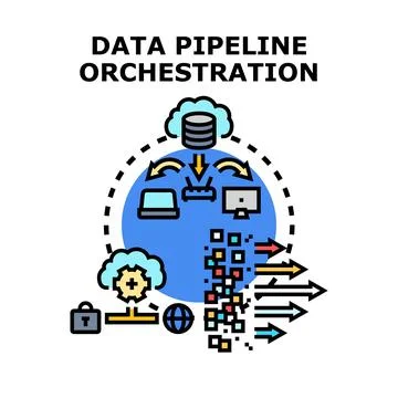 Data pipeline orchestration process transforming information flow Stock Illustration