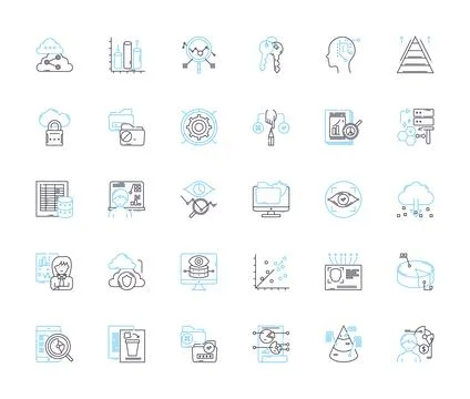 Data planning linear icons set. analysis, management, insights, visualization Stock Illustration
