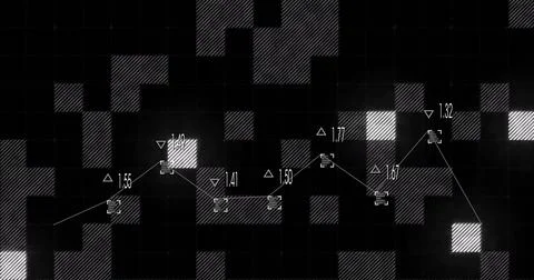Data points and line graph over abstract black and gray grid image Stock Illustration