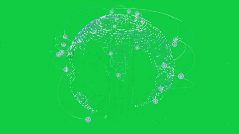 Data points forming globe, arcs linking nodes, pulsing rings showing flow, Stock Footage 337127250