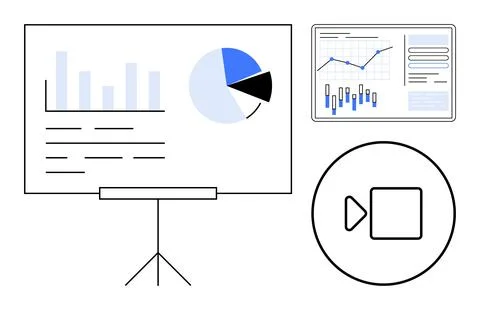 Data Presentation with Charts and Graphs on Screen and Whiteboard, Video Co.. Stock Illustration