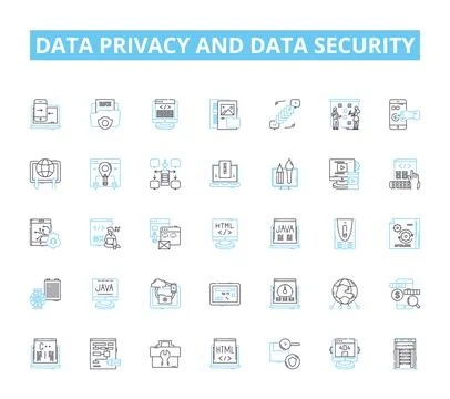 Data privacy and data security linear icons set. Encryption, Firewall, Breach Stock Illustration