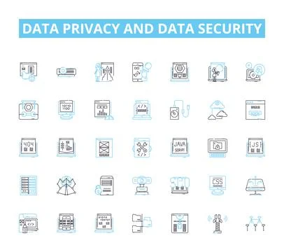 Data privacy and data security linear icons set. Encryption, Firewall, Breach Stock Illustration