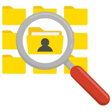 Data privacy concept with file folders and magnifier, representing inspection Illustrazione stock