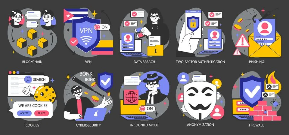 Data privacy dark or night mode set. Cyber or web security. Illustrazione stock