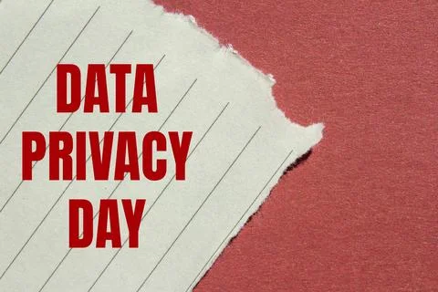 Data privacy day message written on ripped torn lined paper with red backgr.. Stock Photos