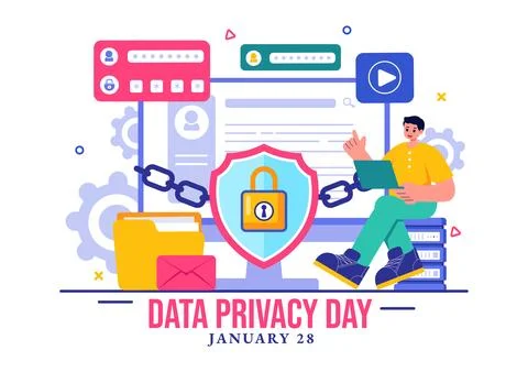 Data Privacy Day Vector Illustration featuring a Lock on a Screen, Represen.. Stock Illustration