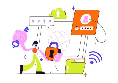 Data Privacy Day Vector Illustration featuring a Lock on a Screen, Represen.. Stock Illustration