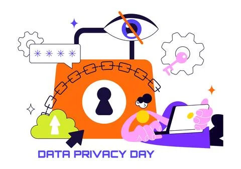 Data Privacy Day Vector Illustration featuring a Lock on a Screen, Represen.. Stock Illustration