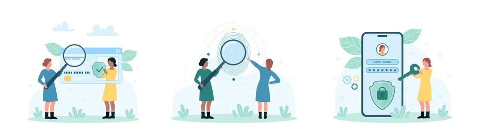 Data privacy, ID verification set, tiny people look with magnifying glass at Stock Illustration