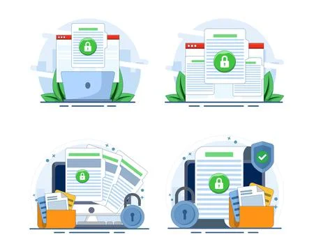 Data privacy illustration set featuring secure documents, confidential files Stock Illustration