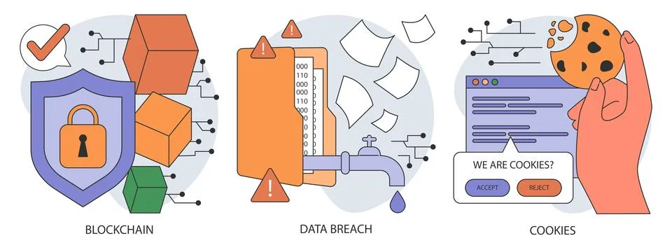 Data privacy set. Cyber or web security . Database safety of a digital device Stock Illustration