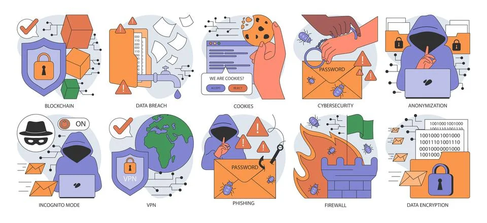 Data privacy set. Cyber or web security . Database safety of a digital device Illustrazione stock