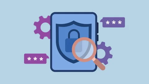 Data privacy shield lock and magnifying glass 2d Animation with Alpha Matte Stock Footage 334827257