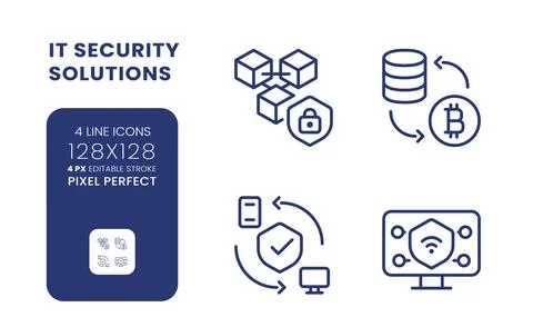 Data privacy solutions linear desktop icons set Stock Illustration