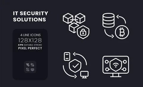 Data privacy solutions white linear desktop icons on black Stock Illustration