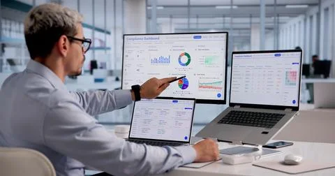 Data Privacy Specialist Analyzes Compliance Dashboard To Uphold Security Stan Stock Photos