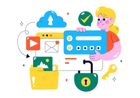 Data Privacy Vector Illustration Featuring Cybersecurity with a Lock on a S.. 스톡 일러스트