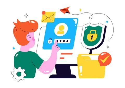 Data Privacy Vector Illustration Featuring Cybersecurity with a Lock on a S.. Stock Illustration