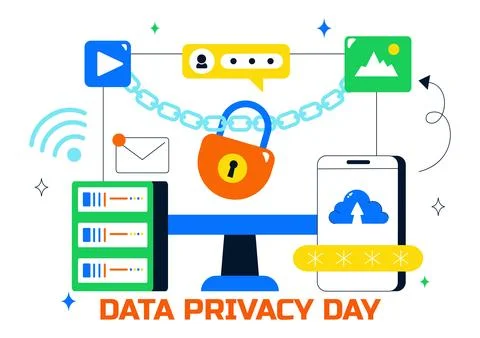 Data Privacy Vector Illustration Featuring Cybersecurity with a Lock on Scr.. Stock Illustration