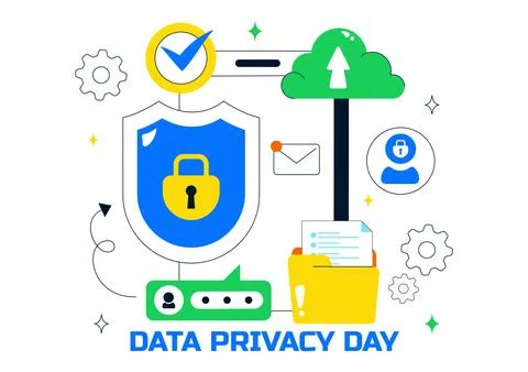 Data Privacy Vector Illustration Featuring Cybersecurity with a Lock on Scr.. Stock Illustration